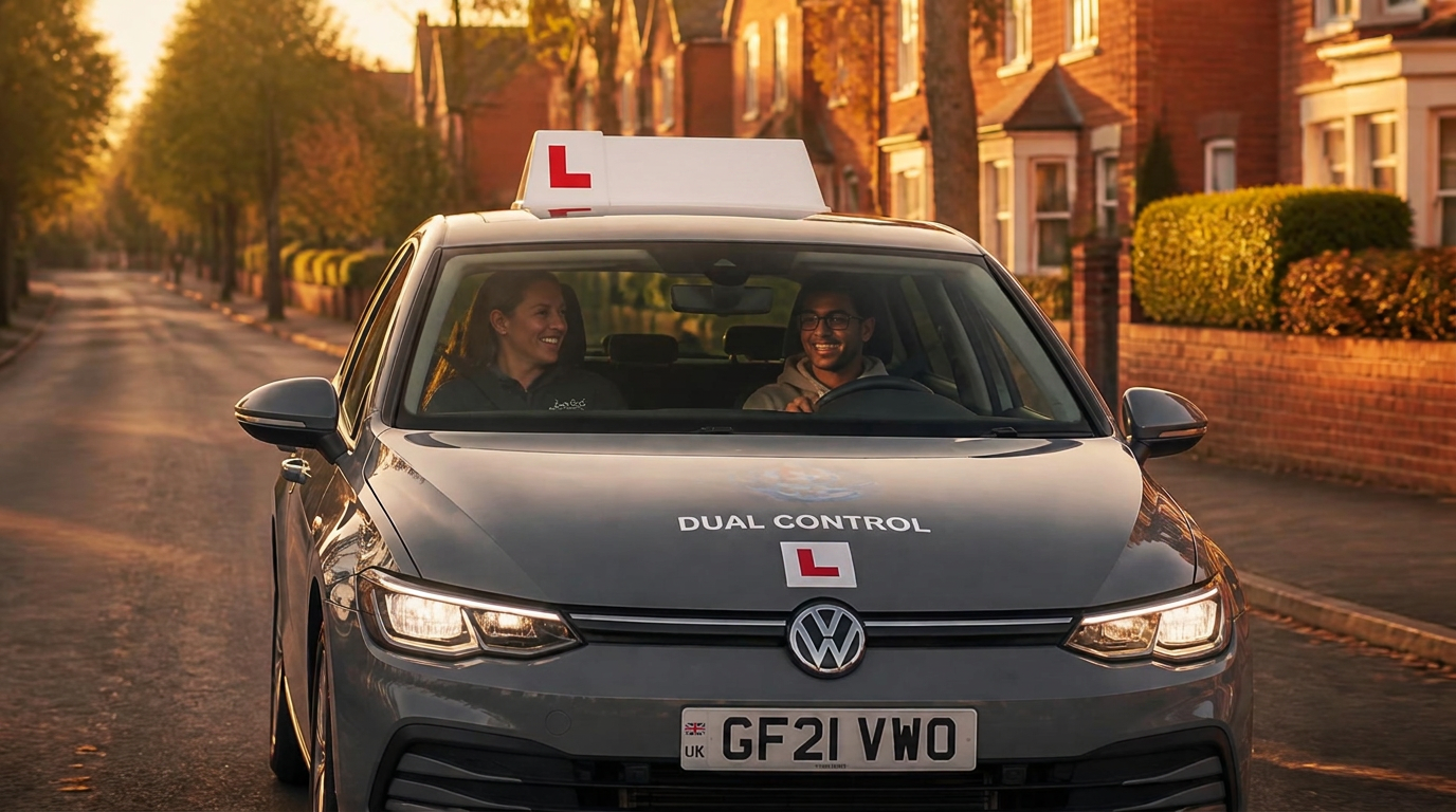 Driving instructor and learner in a dual-control car on a leafy UK street